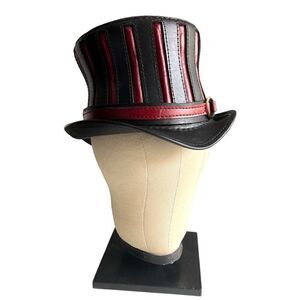 Black and Red Leather Top Hat - The Red Mad Hatter- 22.5”
